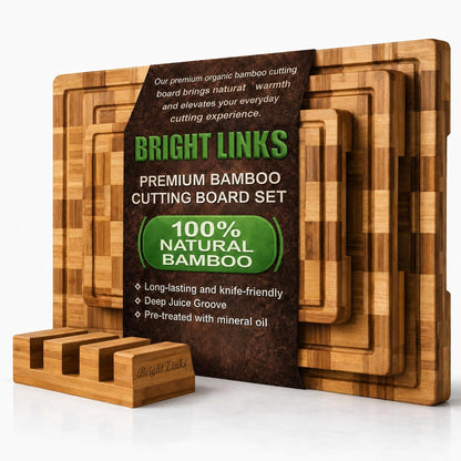 Bamboo Cutting Board Set with Juice Groove, End Grain Cutting Boards, Set of 3 with Holder, Extra Large17 x 12 Inch,1 Inch Thick Heavy Weight 9.5 lb Non-Toxic Wood Chopping Boards for Meat, Vegetables