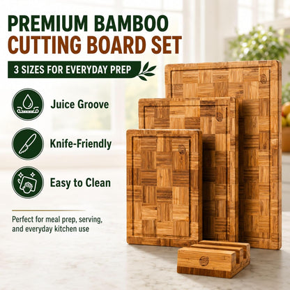 Bamboo Cutting Board Set with Juice Groove, End Grain Cutting Boards, Set of 3 with Holder, Extra Large17 x 12 Inch,1 Inch Thick Heavy Weight 9.5 lb Non-Toxic Wood Chopping Boards for Meat, Vegetables
