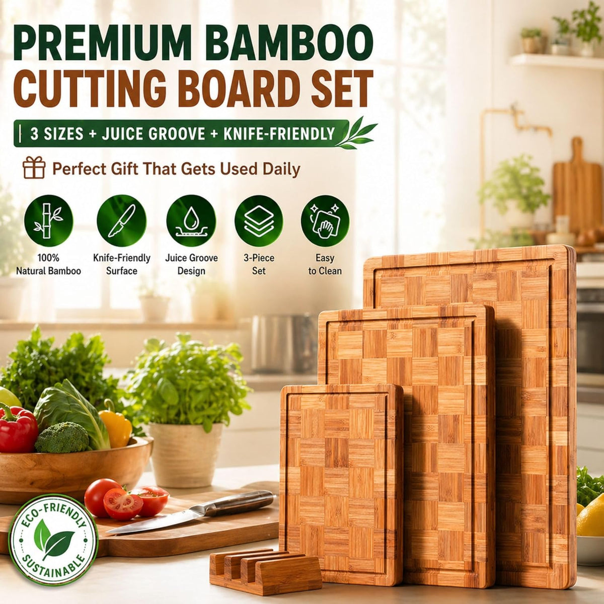 Bamboo Cutting Board Set with Juice Groove, End Grain Cutting Boards, Set of 3 with Holder, Extra Large17 x 12 Inch,1 Inch Thick Heavy Weight 9.5 lb Non-Toxic Wood Chopping Boards for Meat, Vegetables