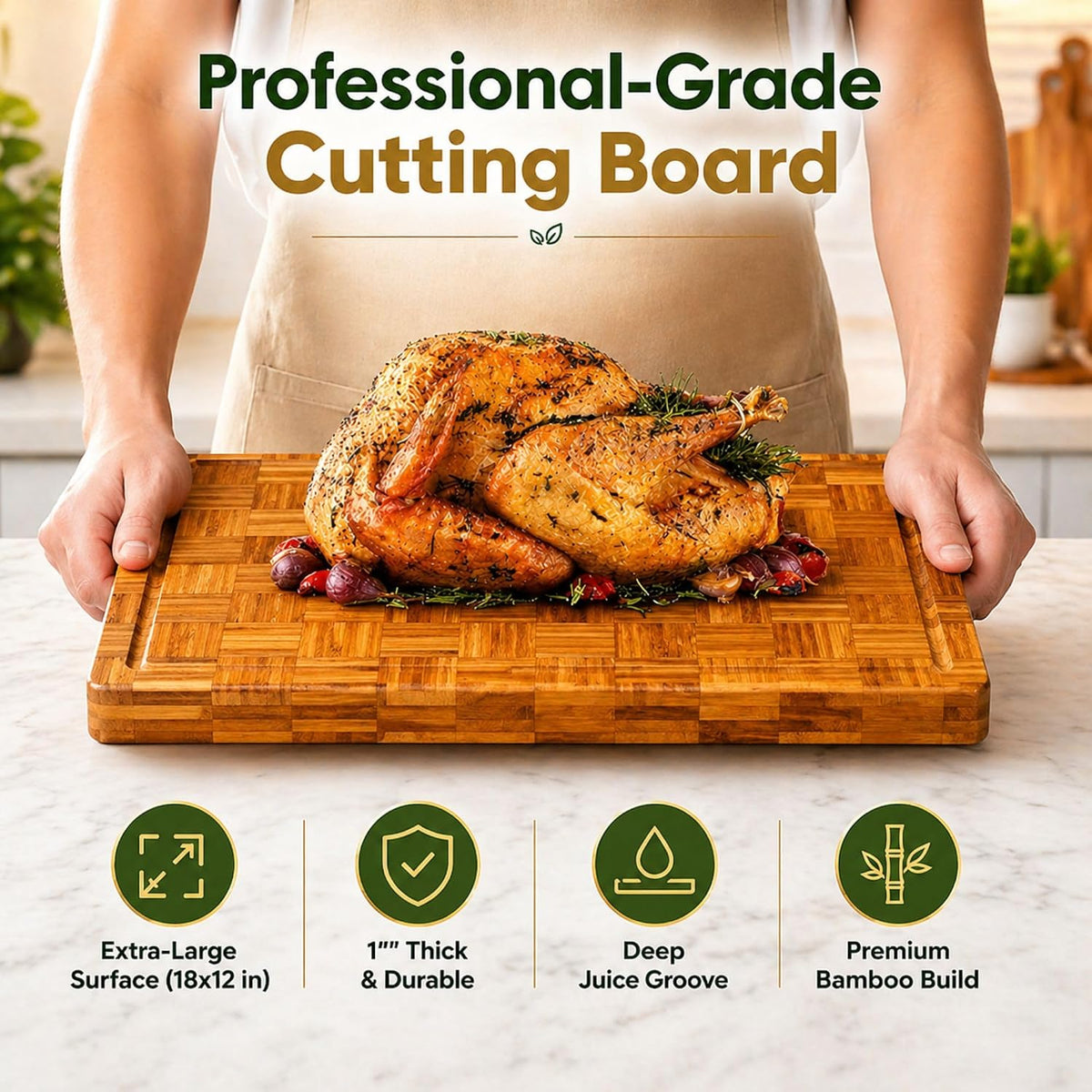 Bamboo Cutting Board Set with Juice Groove, End Grain Cutting Boards, Set of 3 with Holder, Extra Large17 x 12 Inch,1 Inch Thick Heavy Weight 9.5 lb Non-Toxic Wood Chopping Boards for Meat, Vegetables