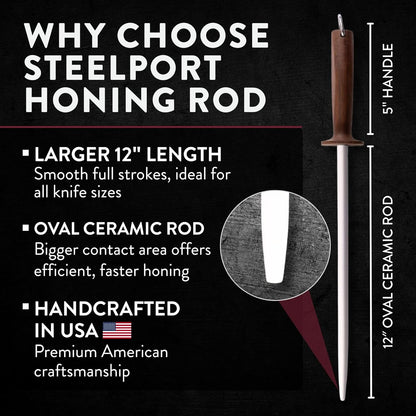 STEELPORT 12 Inch Oval Ceramic Honing Rod – Premium Edge Maintenance Tool for Chef Knives, Carbon & Stainless Steel | Oregon Black Walnut Handle, Safety Guard