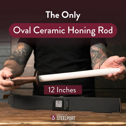 STEELPORT 12 Inch Oval Ceramic Honing Rod – Premium Edge Maintenance Tool for Chef Knives, Carbon & Stainless Steel | Oregon Black Walnut Handle, Safety Guard