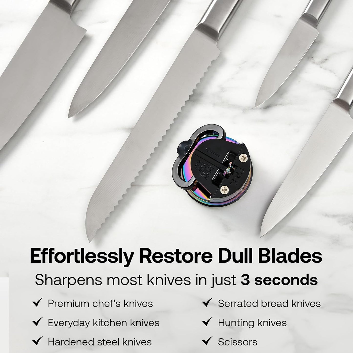 – Chef – Hands Free Knife Sharpener - Easy to Use Sharpening Tool w/PowerGrip Suction Base and 20-Degree Pre-Set Angle - for All Knives: Chef's, Serrated, and Hardened Steel - Oil Slick