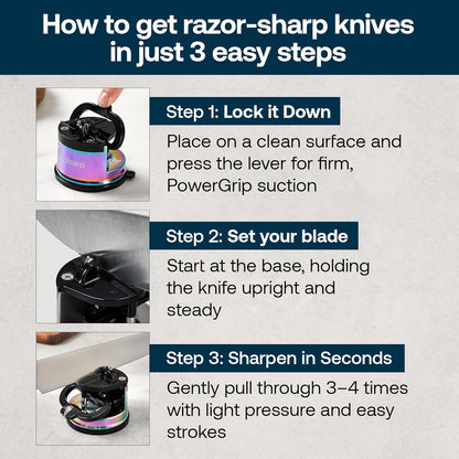 – Chef – Hands Free Knife Sharpener - Easy to Use Sharpening Tool w/PowerGrip Suction Base and 20-Degree Pre-Set Angle - for All Knives: Chef's, Serrated, and Hardened Steel - Oil Slick