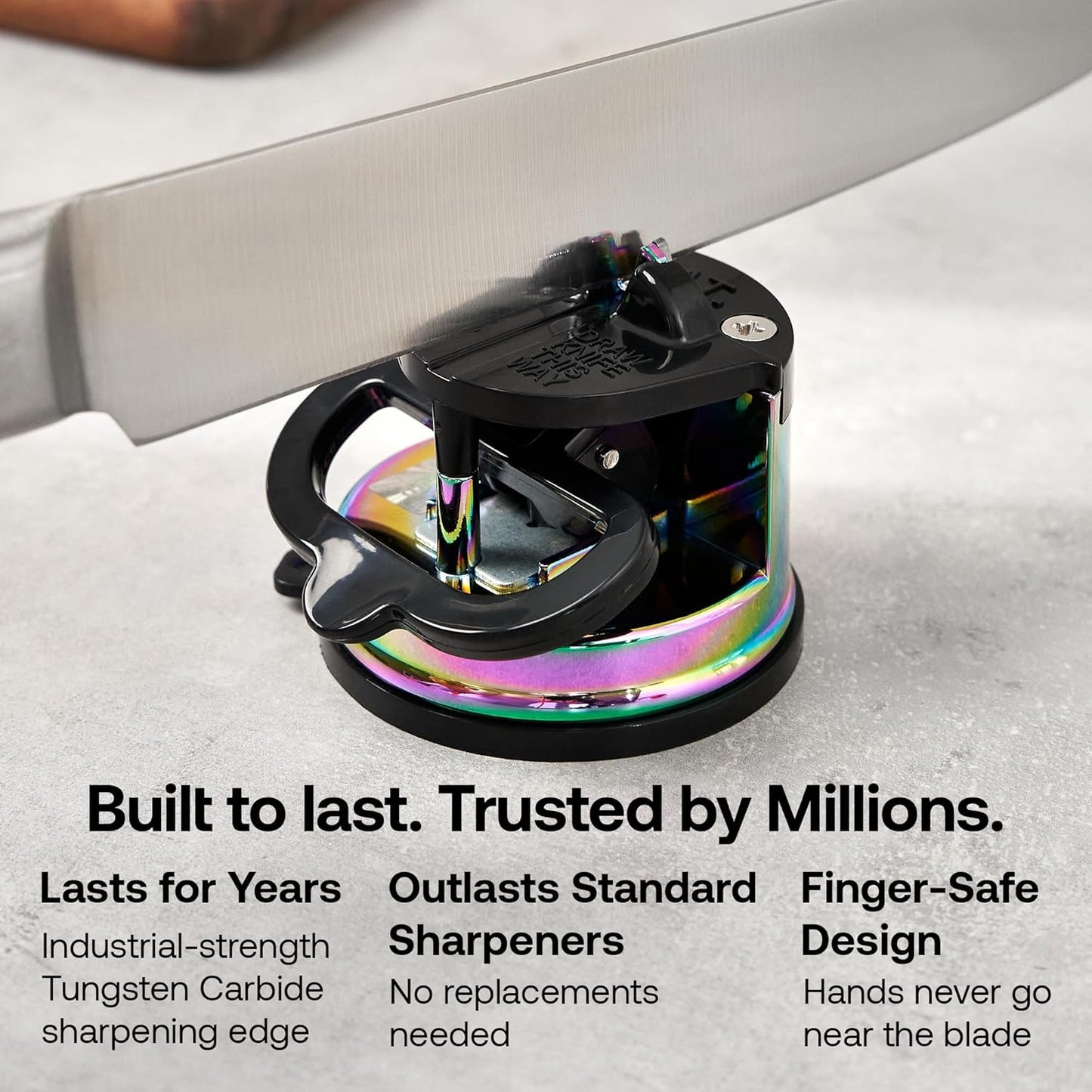 – Chef – Hands Free Knife Sharpener - Easy to Use Sharpening Tool w/PowerGrip Suction Base and 20-Degree Pre-Set Angle - for All Knives: Chef's, Serrated, and Hardened Steel - Oil Slick
