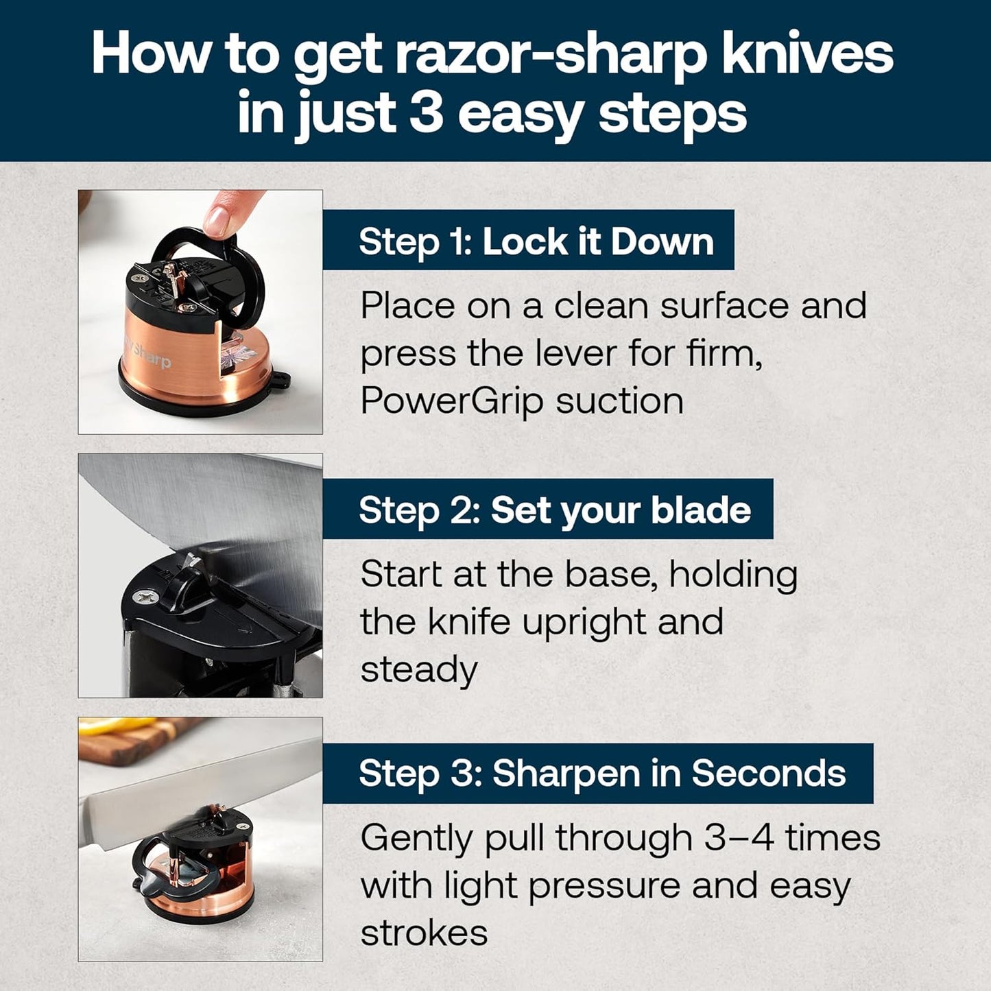 – Chef – Hands Free Knife Sharpener - Easy to Use Sharpening Tool w/PowerGrip Suction Base and 20-Degree Pre-Set Angle - for All Knives: Chef's, Serrated, and Hardened Steel - Oil Slick