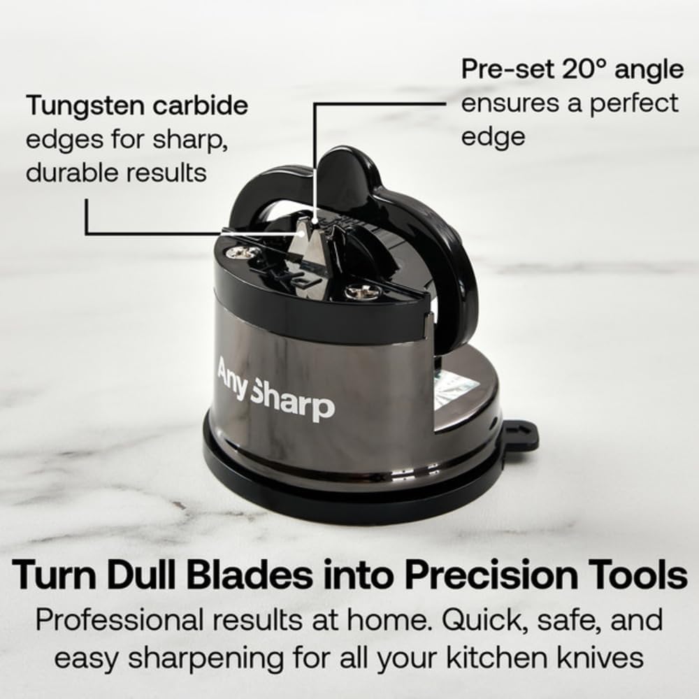 – Chef – Hands Free Knife Sharpener - Easy to Use Sharpening Tool w/PowerGrip Suction Base and 20-Degree Pre-Set Angle - for All Knives: Chef's, Serrated, and Hardened Steel - Oil Slick