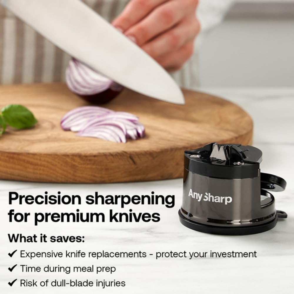 – Chef – Hands Free Knife Sharpener - Easy to Use Sharpening Tool w/PowerGrip Suction Base and 20-Degree Pre-Set Angle - for All Knives: Chef's, Serrated, and Hardened Steel - Oil Slick