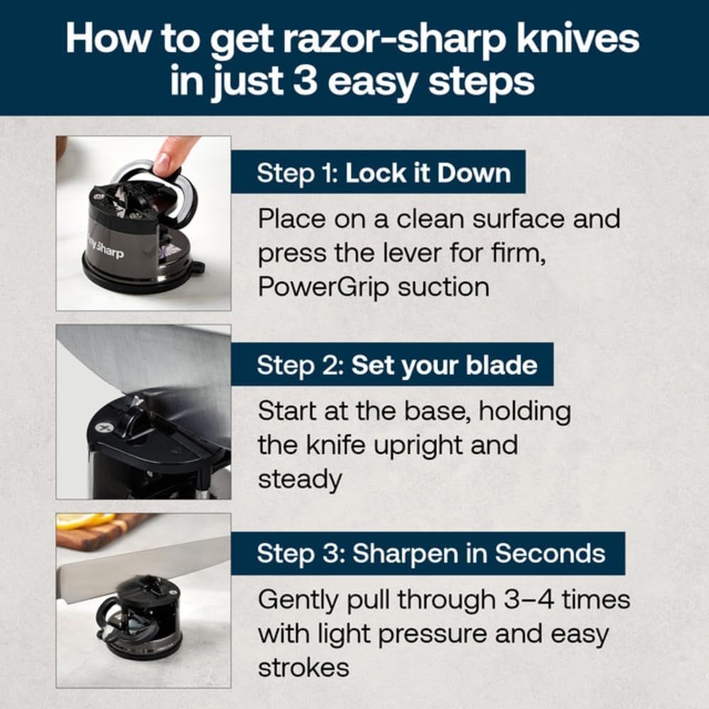 – Chef – Hands Free Knife Sharpener - Easy to Use Sharpening Tool w/PowerGrip Suction Base and 20-Degree Pre-Set Angle - for All Knives: Chef's, Serrated, and Hardened Steel - Oil Slick
