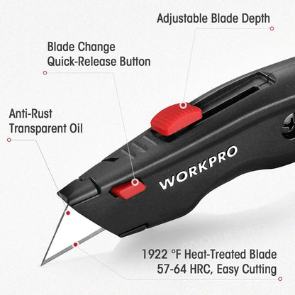 Premium Utility Knife, Retractable All Metal Heavy Duty Box Cutter, Quick Change Blade Razor Knife, with 10 Extra Blades