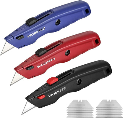 Premium Utility Knife, Retractable All Metal Heavy Duty Box Cutter, Quick Change Blade Razor Knife, with 10 Extra Blades