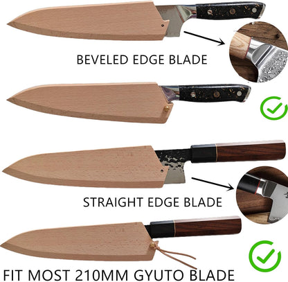 Japanese Gyuto Knife Sheath, 8 Inch Chef Knife Beechwood Saya Blade Cover, 210mm Magnetic Protective Edge Guard with Copper Pins for Kitchen Knives