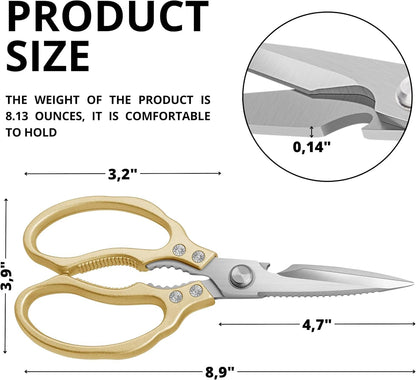 Gold Kitchen Scissors Heavy Duty – 8.9" Stainless Steel Shears for Food Scissors Heavy Duty Multi-Purpose for Meat Chicken Fish Kitchen Tool Gold Shears