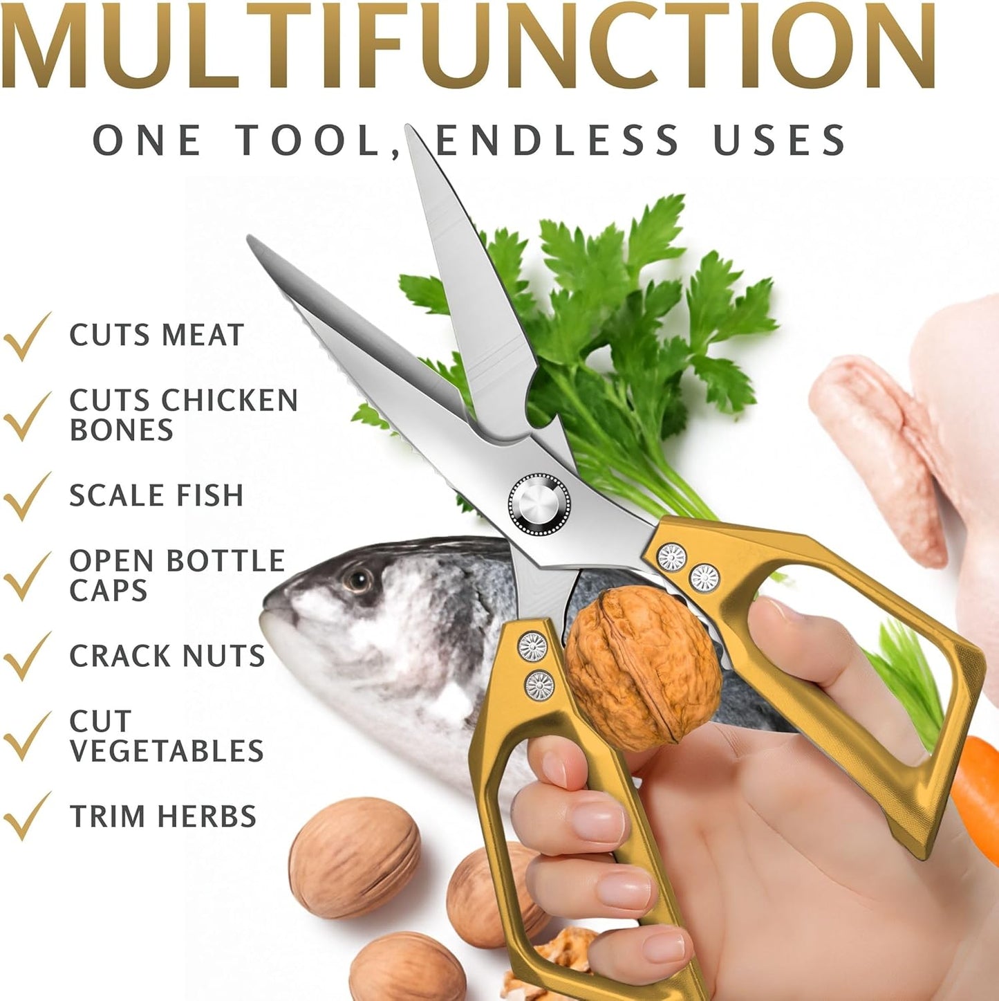 Gold Kitchen Scissors Heavy Duty – 8.9" Stainless Steel Shears for Food Scissors Heavy Duty Multi-Purpose for Meat Chicken Fish Kitchen Tool Gold Shears