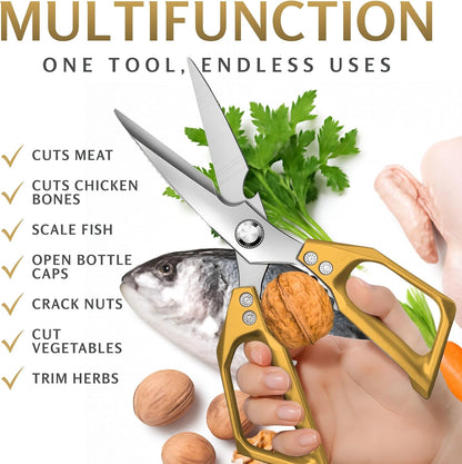 Gold Kitchen Scissors Heavy Duty – 8.9" Stainless Steel Shears for Food Scissors Heavy Duty Multi-Purpose for Meat Chicken Fish Kitchen Tool Gold Shears