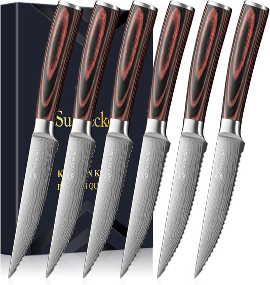 Steak Knives Set of 6,Premium Stainless Steel Serrated Steak Knife Set,Pakkawood Handle 4.5 Inch Kitchen Steak Knife with Gift Box