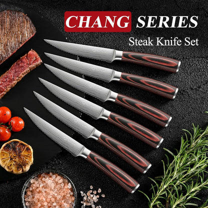 Steak Knives Set of 6,Premium Stainless Steel Serrated Steak Knife Set,Pakkawood Handle 4.5 Inch Kitchen Steak Knife with Gift Box