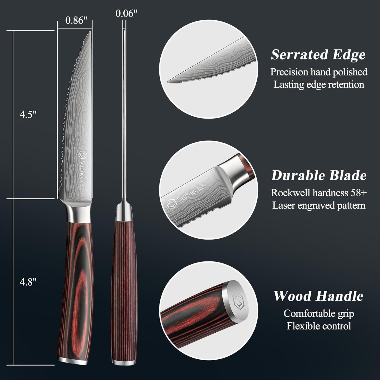 Steak Knives Set of 6,Premium Stainless Steel Serrated Steak Knife Set,Pakkawood Handle 4.5 Inch Kitchen Steak Knife with Gift Box