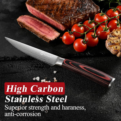 Steak Knives Set of 6,Premium Stainless Steel Serrated Steak Knife Set,Pakkawood Handle 4.5 Inch Kitchen Steak Knife with Gift Box