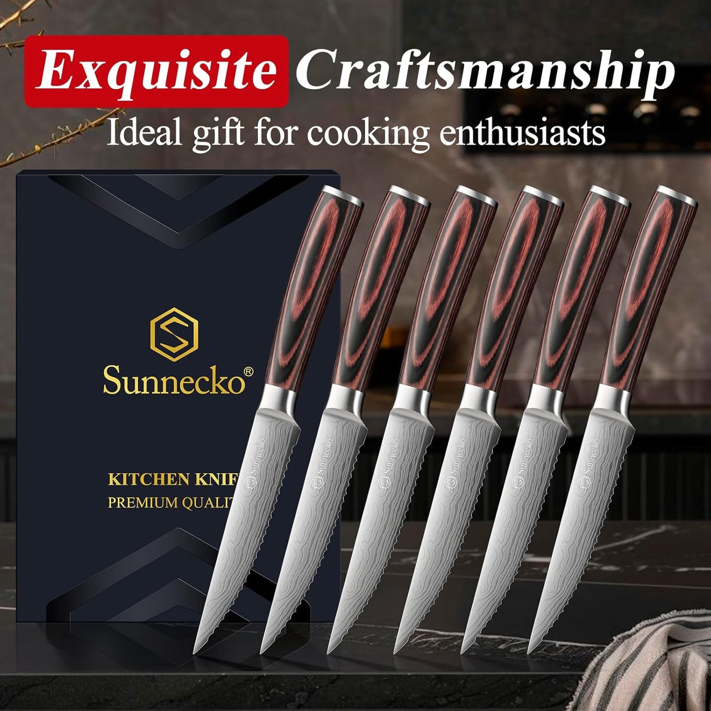 Steak Knives Set of 6,Premium Stainless Steel Serrated Steak Knife Set,Pakkawood Handle 4.5 Inch Kitchen Steak Knife with Gift Box