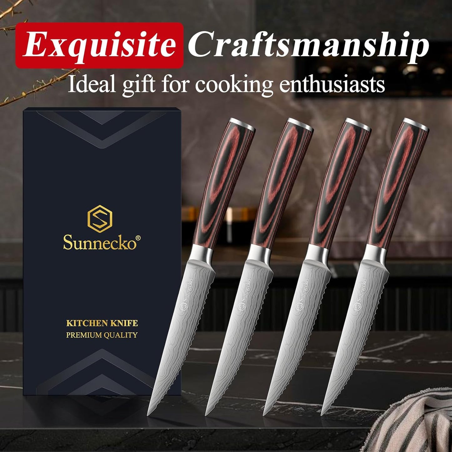 Steak Knives Set of 6,Premium Stainless Steel Serrated Steak Knife Set,Pakkawood Handle 4.5 Inch Kitchen Steak Knife with Gift Box