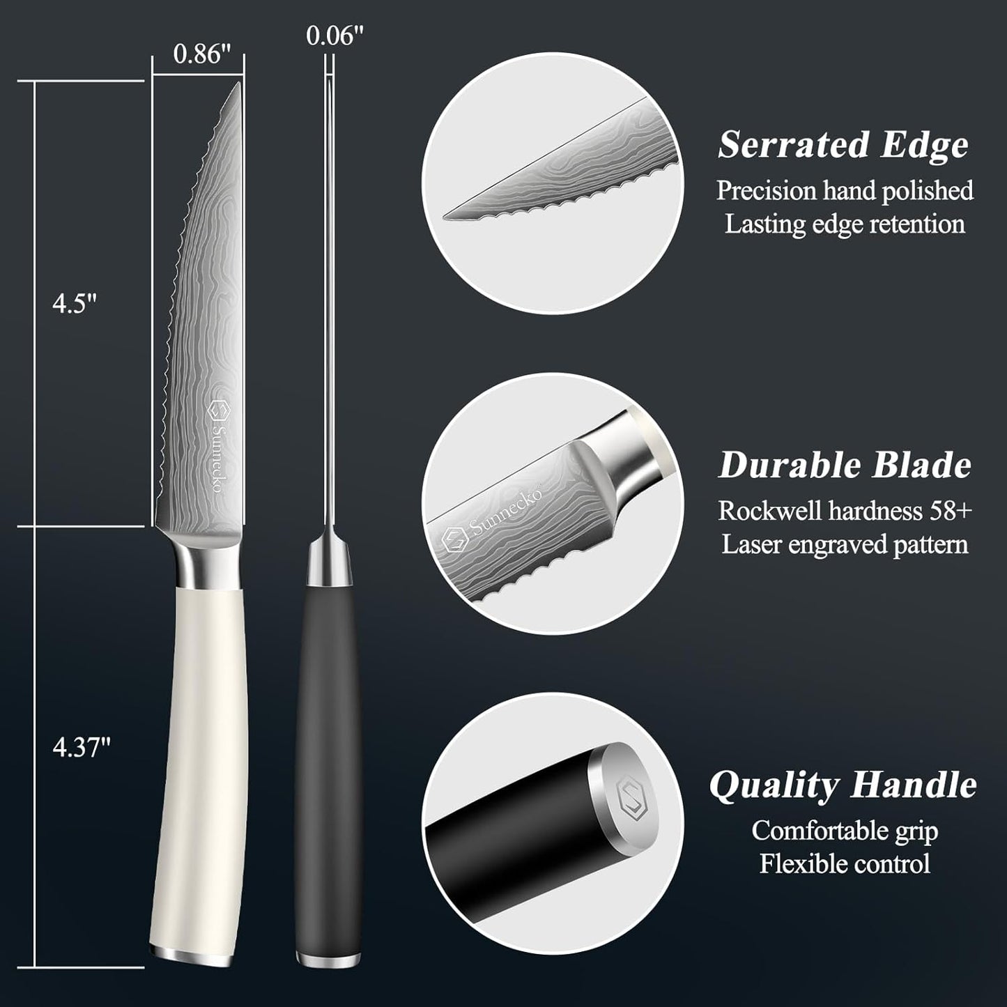 Steak Knives Set of 6,Premium Stainless Steel Serrated Steak Knife Set,Pakkawood Handle 4.5 Inch Kitchen Steak Knife with Gift Box