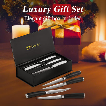 Steak Knives Set of 6,Premium Stainless Steel Serrated Steak Knife Set,Pakkawood Handle 4.5 Inch Kitchen Steak Knife with Gift Box