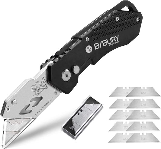 Folding Utility Knife, Premium Aluminum Alloy Handle Box Cutter with 10pcs SK5 Blades, Ergonomic Heavy Duty Razor Knife with Belt Clip & Quick Change for Cardboard, Carpet, DIY Crafts & Office