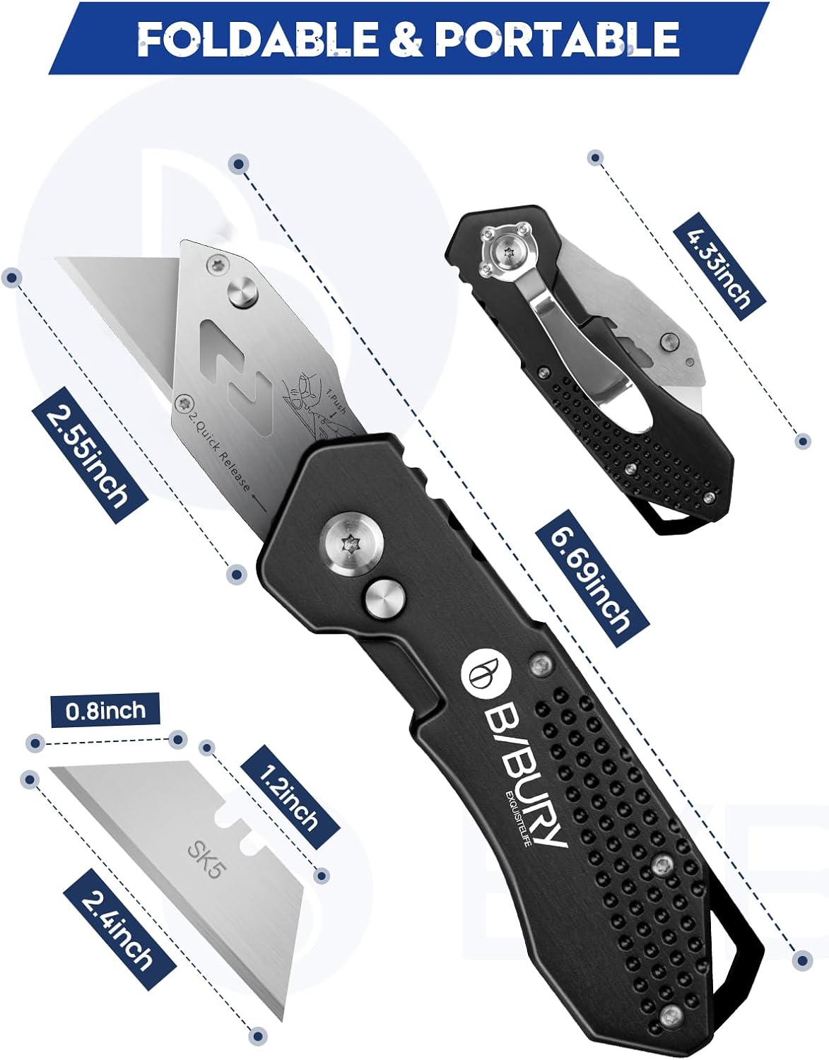 Folding Utility Knife, Premium Aluminum Alloy Handle Box Cutter with 10pcs SK5 Blades, Ergonomic Heavy Duty Razor Knife with Belt Clip & Quick Change for Cardboard, Carpet, DIY Crafts & Office