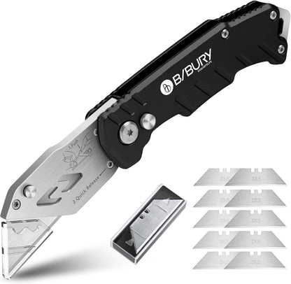 Folding Utility Knife, Premium Aluminum Alloy Handle Box Cutter with 10pcs SK5 Blades, Ergonomic Heavy Duty Razor Knife with Belt Clip & Quick Change for Cardboard, Carpet, DIY Crafts & Office
