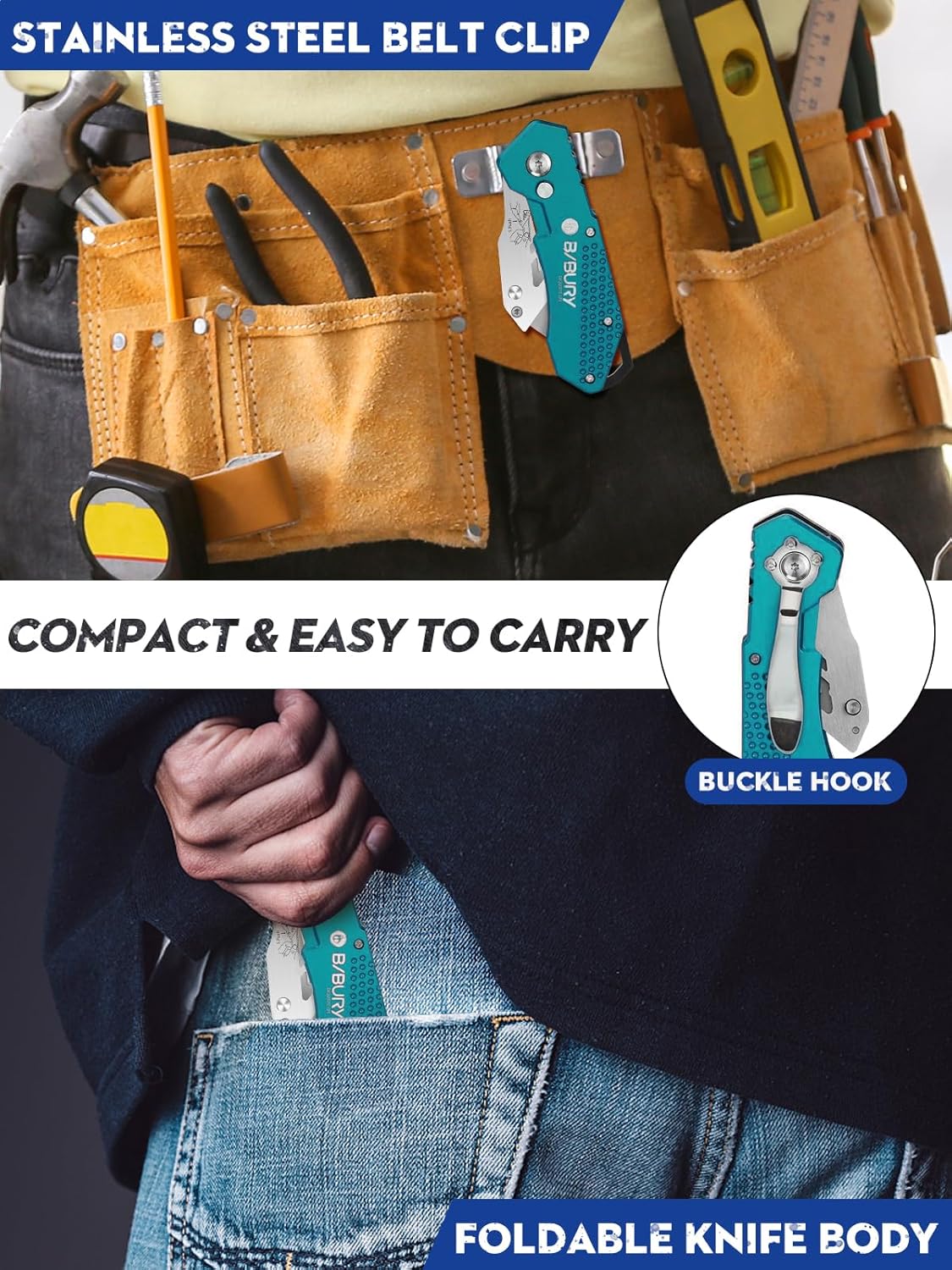 Folding Utility Knife, Premium Aluminum Alloy Handle Box Cutter with 10pcs SK5 Blades, Ergonomic Heavy Duty Razor Knife with Belt Clip & Quick Change for Cardboard, Carpet, DIY Crafts & Office