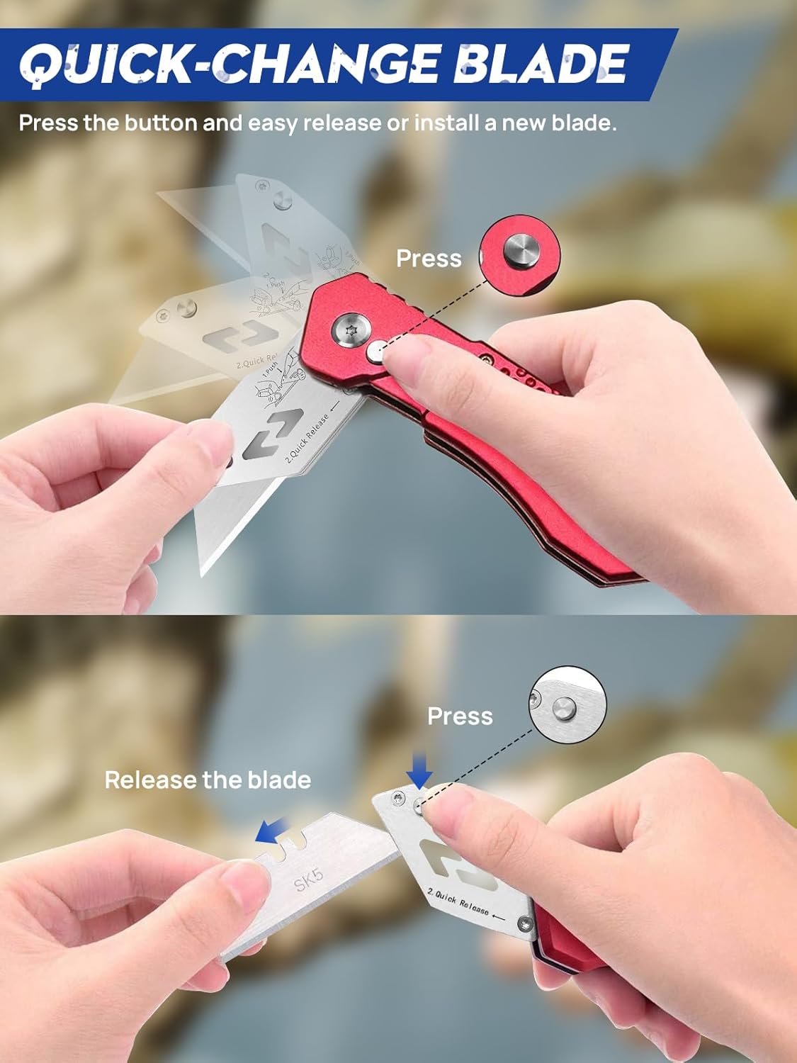 Folding Utility Knife, Premium Aluminum Alloy Handle Box Cutter with 10pcs SK5 Blades, Ergonomic Heavy Duty Razor Knife with Belt Clip & Quick Change for Cardboard, Carpet, DIY Crafts & Office