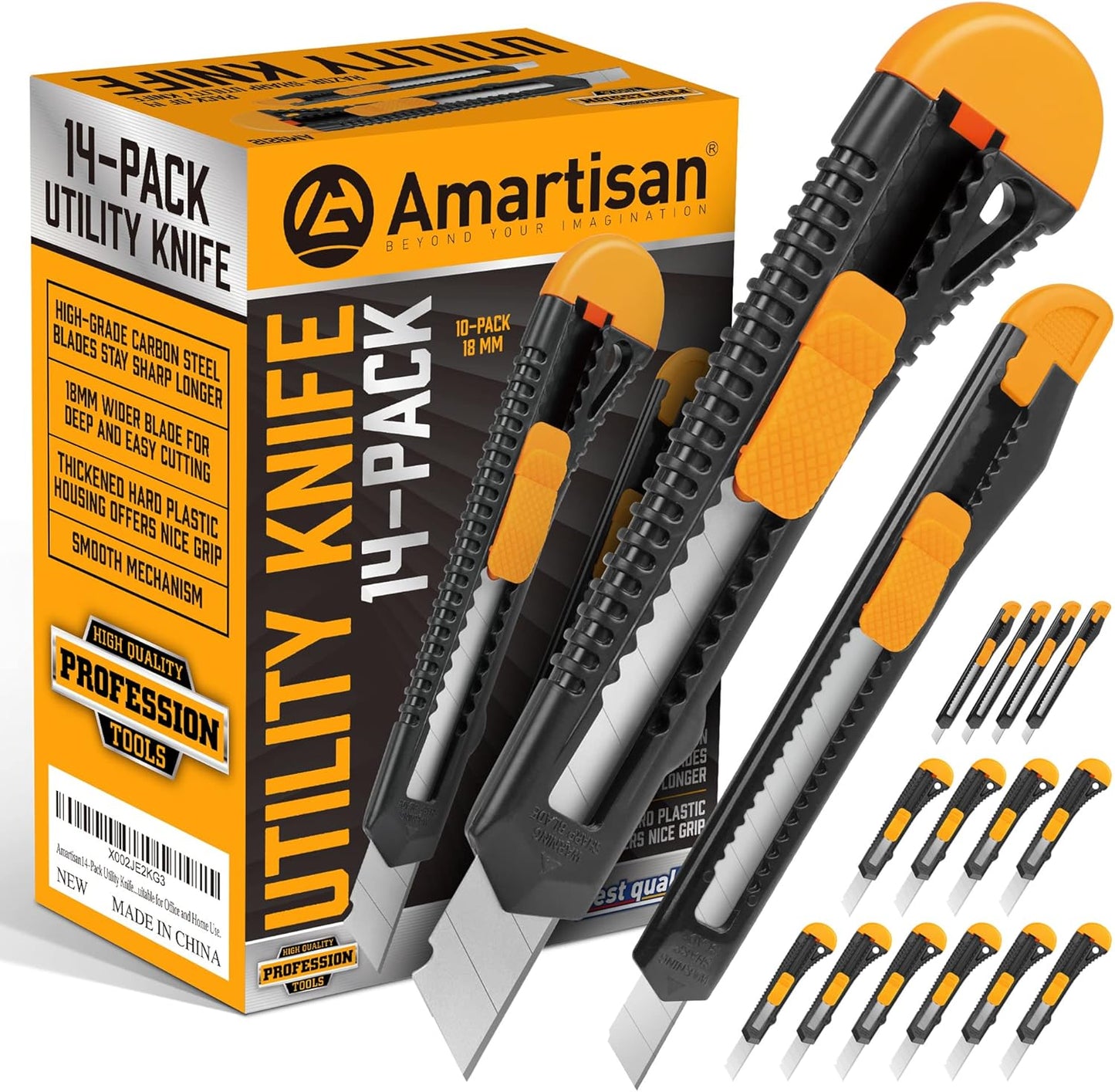 14-Piece Retractable Box Cutter, Utility Knifes for Boxes, Cartons, Cardboard Cutting, 18mm & 9mm Wide Blade Cutter, Very Suitable for Office and Home Use.