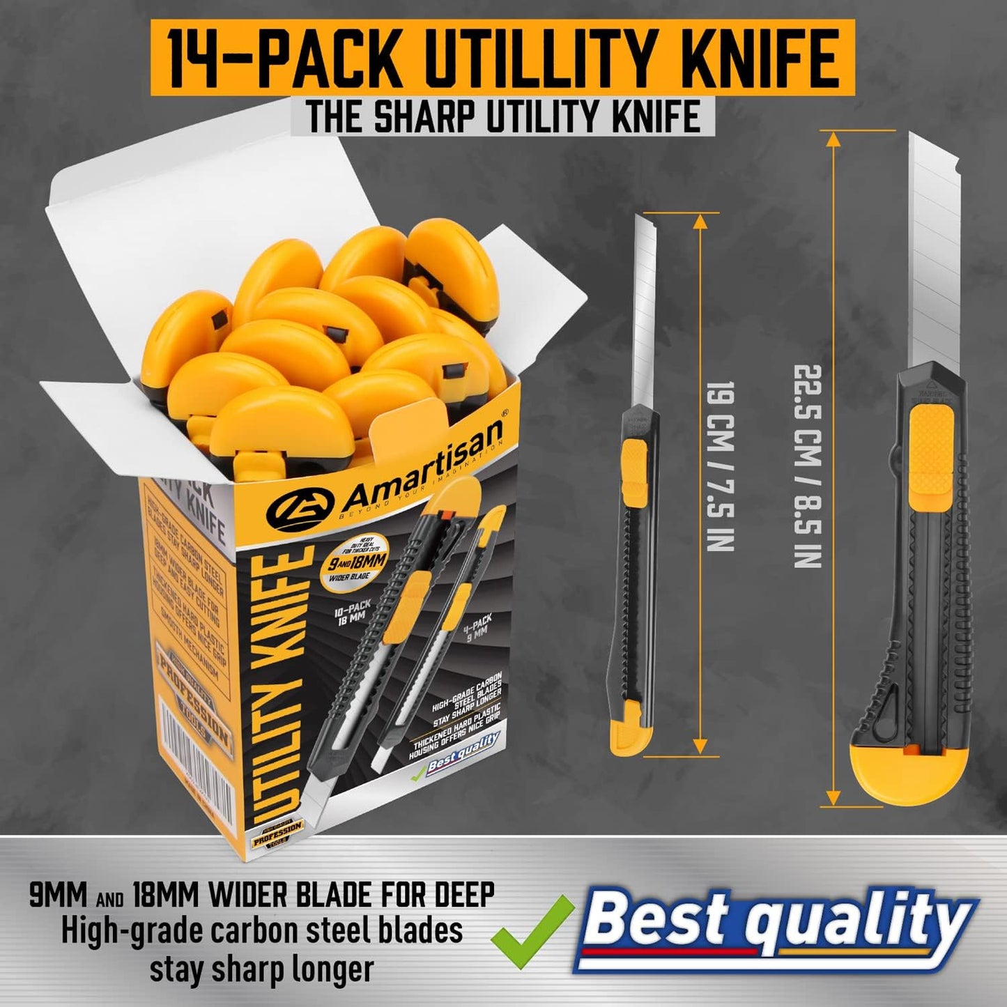 14-Piece Retractable Box Cutter, Utility Knifes for Boxes, Cartons, Cardboard Cutting, 18mm & 9mm Wide Blade Cutter, Very Suitable for Office and Home Use.