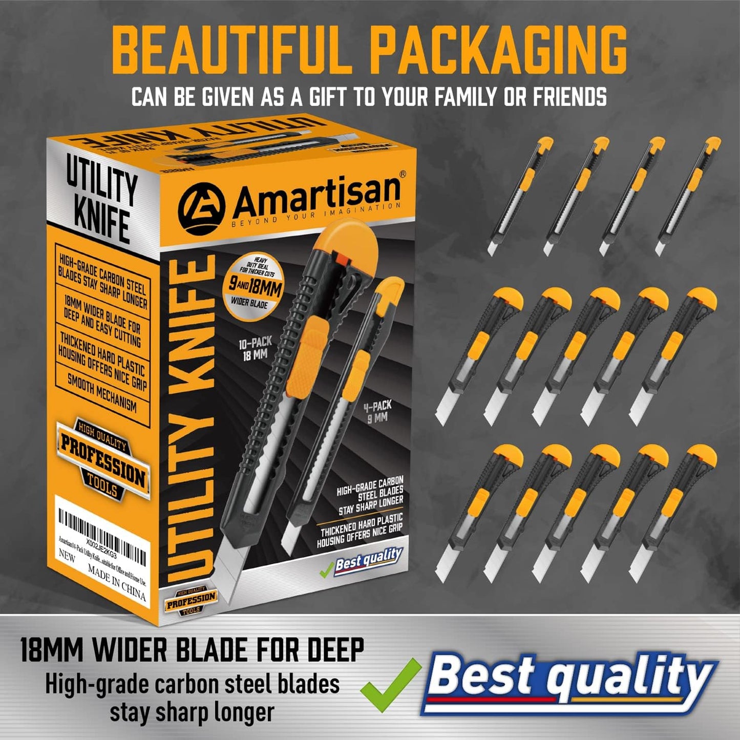 14-Piece Retractable Box Cutter, Utility Knifes for Boxes, Cartons, Cardboard Cutting, 18mm & 9mm Wide Blade Cutter, Very Suitable for Office and Home Use.