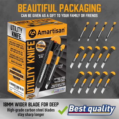 14-Piece Retractable Box Cutter, Utility Knifes for Boxes, Cartons, Cardboard Cutting, 18mm & 9mm Wide Blade Cutter, Very Suitable for Office and Home Use.