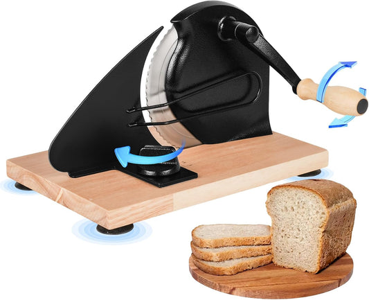 Upgraded Manual Bread Slicer for Homemade Sourdough Bread with Measurement Marks, Adjustable 0"-0.8" Thickness Hand Crank Bread Slicer with Suction Cup for Even Slicing, Kitchen and Commercial, Black