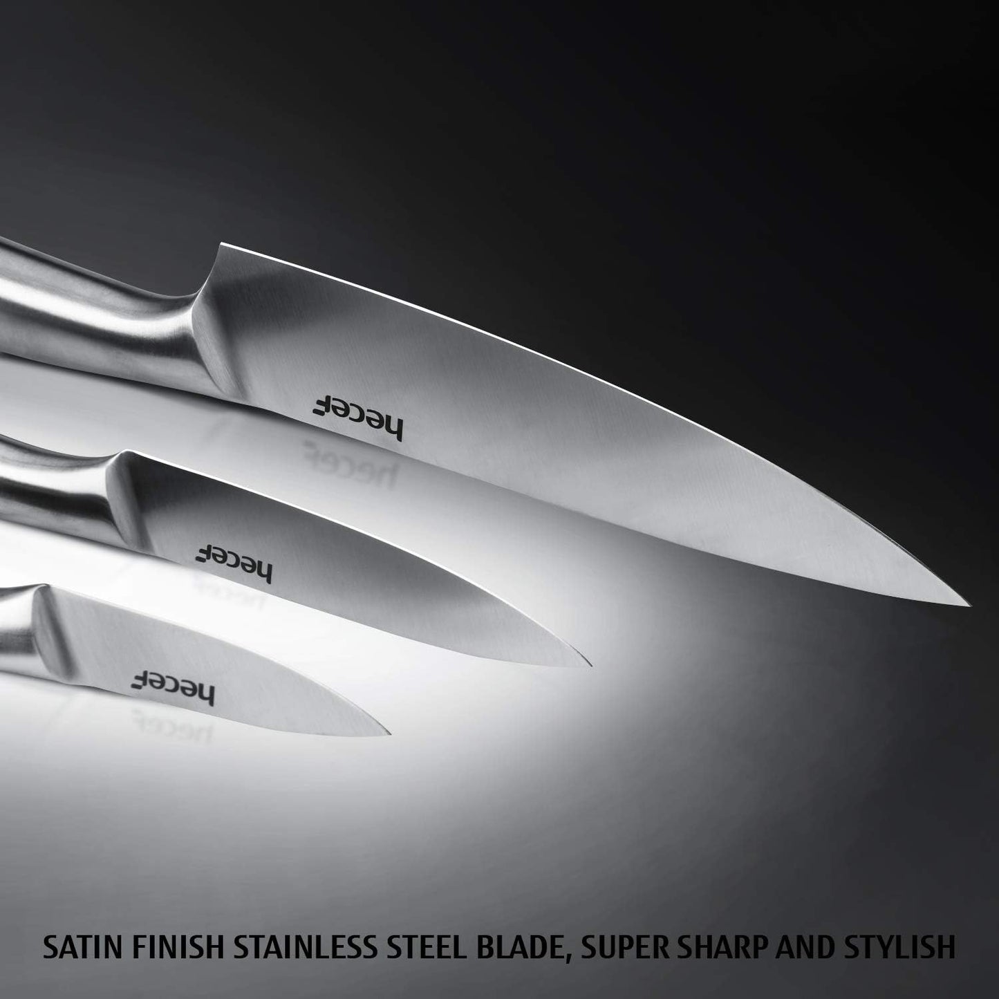 Silver Kitchen knife set of 5, Satin Finish Blade with Hollow Handle, includes 8" Chef, 8" Bread, 8" Santoku, 5" Utility and 3.5" paring knife