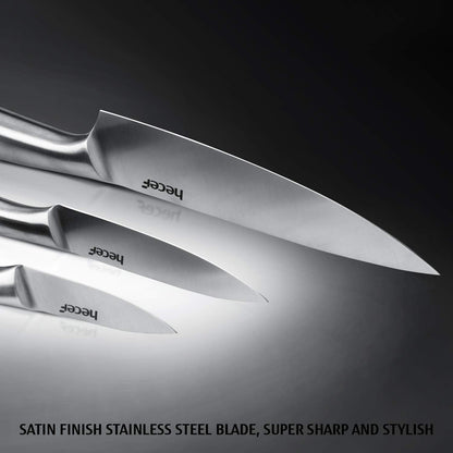Silver Kitchen knife set of 5, Satin Finish Blade with Hollow Handle, includes 8" Chef, 8" Bread, 8" Santoku, 5" Utility and 3.5" paring knife