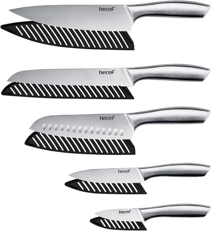 Silver Kitchen knife set of 5, Satin Finish Blade with Hollow Handle, includes 8" Chef, 8" Bread, 8" Santoku, 5" Utility and 3.5" paring knife