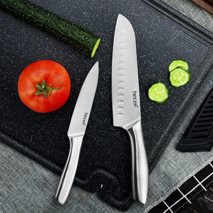Silver Kitchen knife set of 5, Satin Finish Blade with Hollow Handle, includes 8" Chef, 8" Bread, 8" Santoku, 5" Utility and 3.5" paring knife
