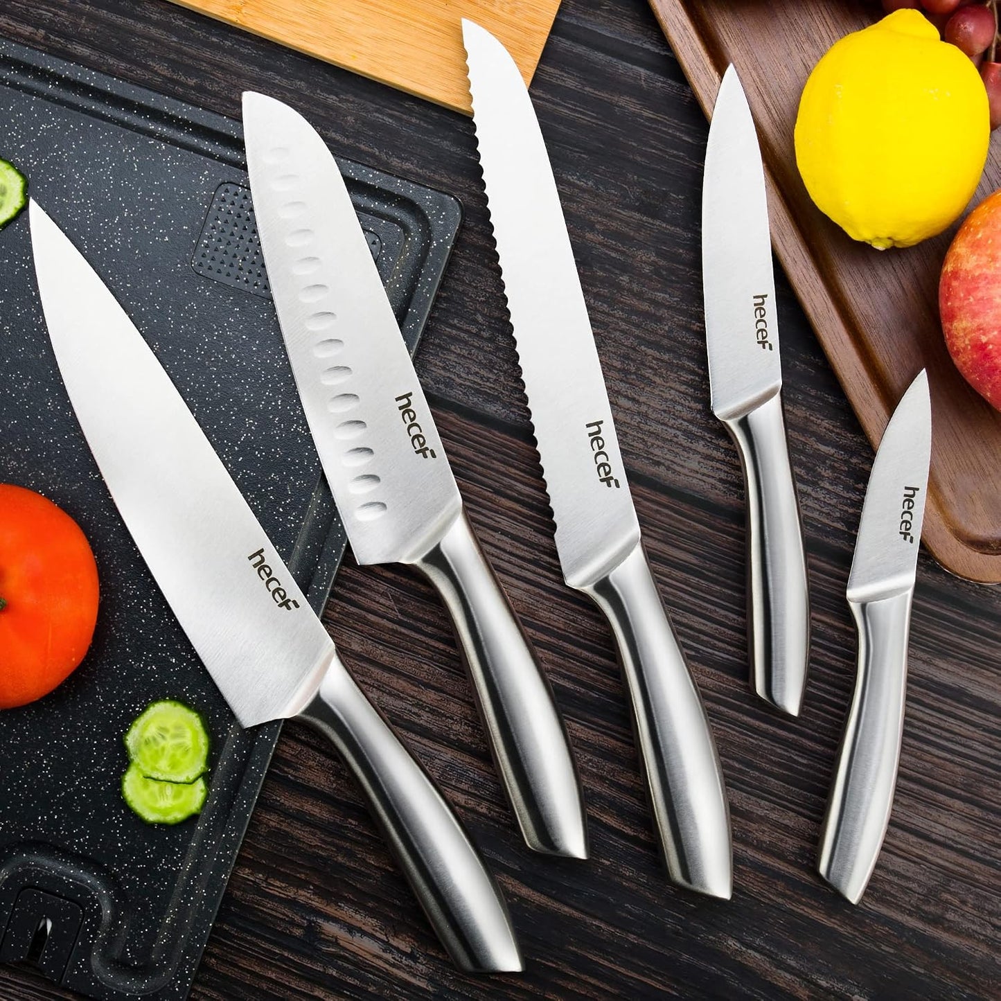 Silver Kitchen knife set of 5, Satin Finish Blade with Hollow Handle, includes 8" Chef, 8" Bread, 8" Santoku, 5" Utility and 3.5" paring knife