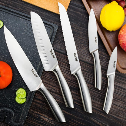 Silver Kitchen knife set of 5, Satin Finish Blade with Hollow Handle, includes 8" Chef, 8" Bread, 8" Santoku, 5" Utility and 3.5" paring knife