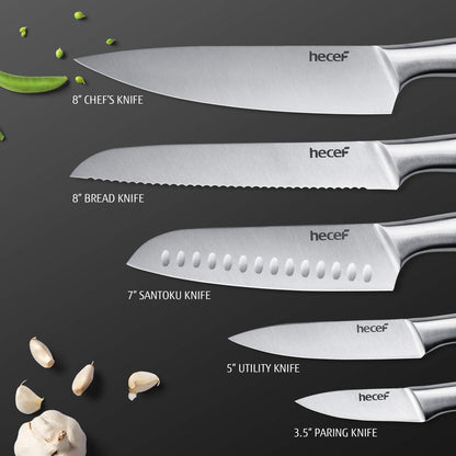 Silver Kitchen knife set of 5, Satin Finish Blade with Hollow Handle, includes 8" Chef, 8" Bread, 8" Santoku, 5" Utility and 3.5" paring knife