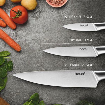 Silver Kitchen knife set of 5, Satin Finish Blade with Hollow Handle, includes 8" Chef, 8" Bread, 8" Santoku, 5" Utility and 3.5" paring knife