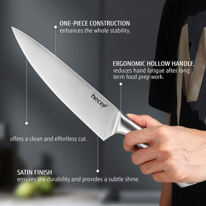 Silver Kitchen knife set of 5, Satin Finish Blade with Hollow Handle, includes 8" Chef, 8" Bread, 8" Santoku, 5" Utility and 3.5" paring knife
