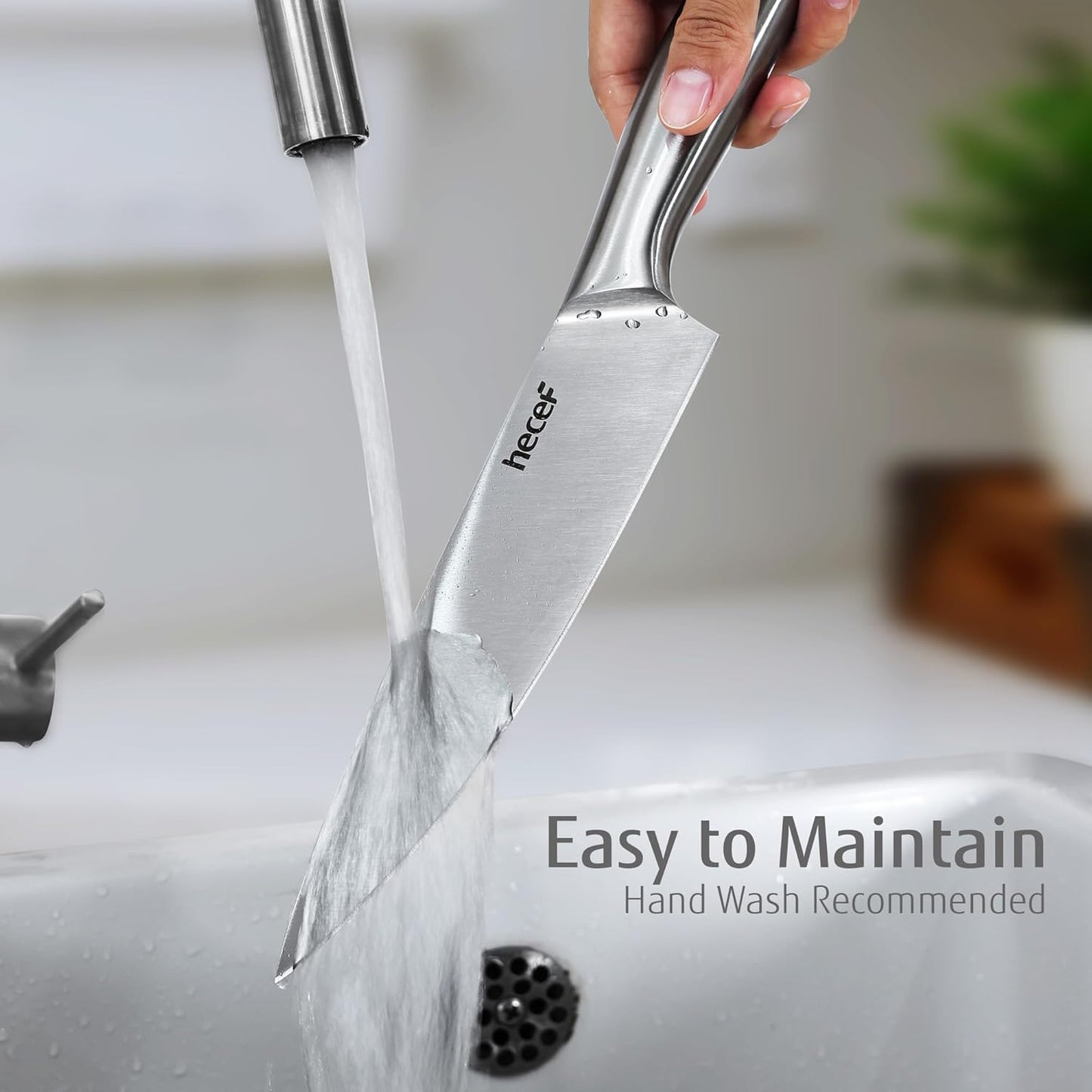 Silver Kitchen knife set of 5, Satin Finish Blade with Hollow Handle, includes 8" Chef, 8" Bread, 8" Santoku, 5" Utility and 3.5" paring knife