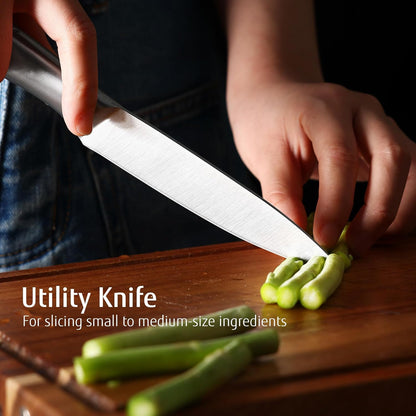 Silver Kitchen knife set of 5, Satin Finish Blade with Hollow Handle, includes 8" Chef, 8" Bread, 8" Santoku, 5" Utility and 3.5" paring knife