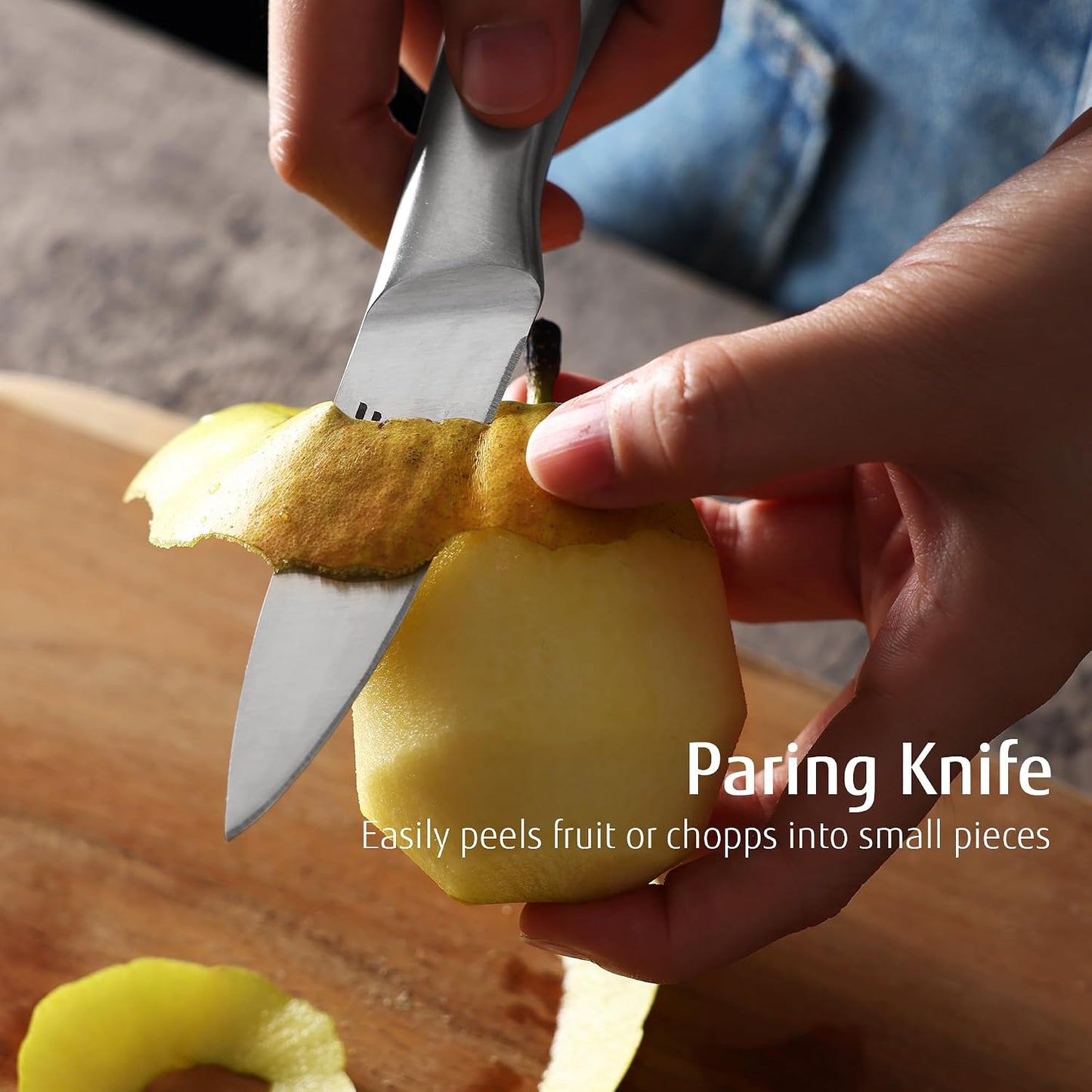 Silver Kitchen knife set of 5, Satin Finish Blade with Hollow Handle, includes 8" Chef, 8" Bread, 8" Santoku, 5" Utility and 3.5" paring knife