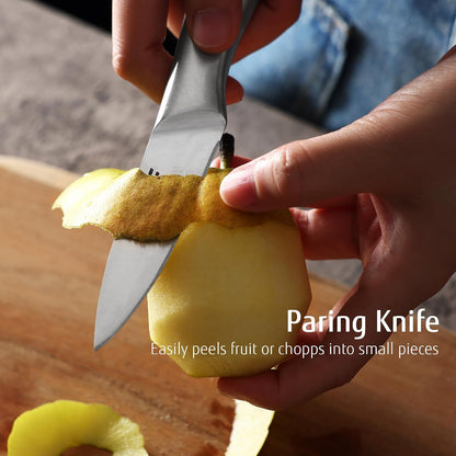 Silver Kitchen knife set of 5, Satin Finish Blade with Hollow Handle, includes 8" Chef, 8" Bread, 8" Santoku, 5" Utility and 3.5" paring knife